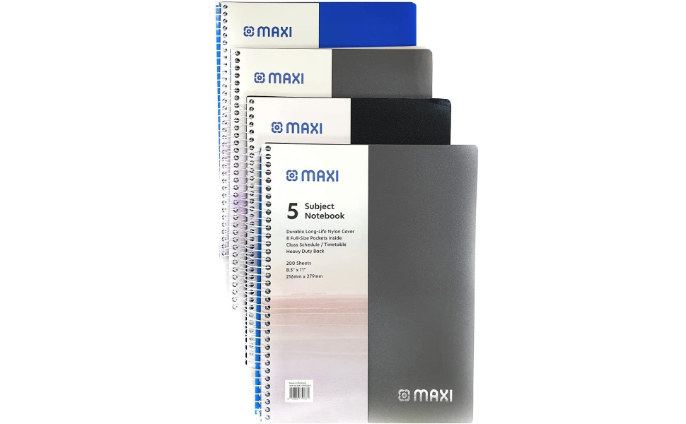 Maxi Spiral 5 Subject Notebook, Durable Long-Lasting Nylon Cover, 8 Full-Size Pockets Inside, Class Schedule, Casual Durable, 200 Sheets, 9.5" x 7" - 241mm x 178mm